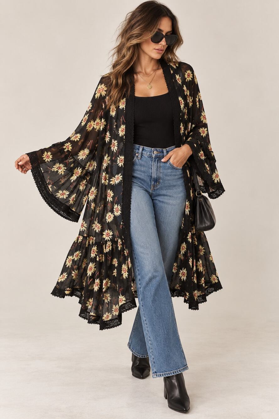 Torrid Black Daisy Floral Chiffon Kimono Duster Bell Sleeve Boho Cardigan Size 6